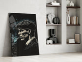 Thomas Shelby glass print enhancing a whisky bar nook with cinematic mood