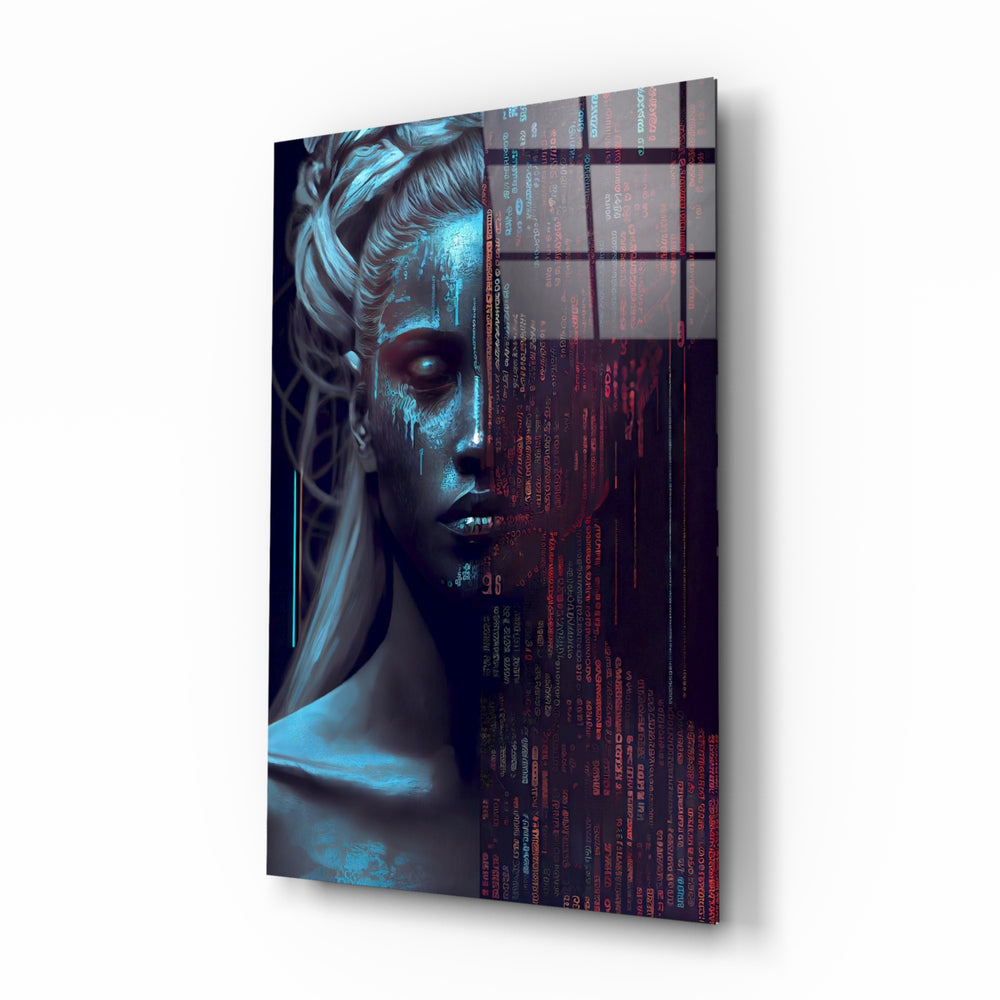 Human Software glass wall art displayed above a desk in a gaming room with RGB accents