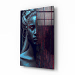 Human Software glass wall art displayed above a desk in a gaming room with RGB accents