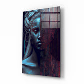 Human Software glass wall art displayed above a desk in a gaming room with RGB accents