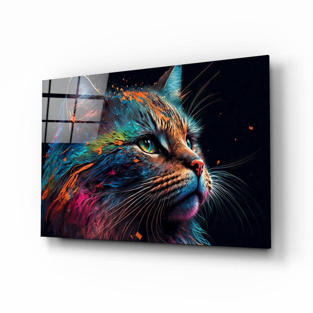 Colorful Cat glass wall art displayed above a velvet sofa in a contemporary living room with brass sconces