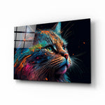 Colorful Cat glass wall art displayed above a velvet sofa in a contemporary living room with brass sconces