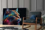 Colorful Cat glass print enhancing a study with cinematic mood