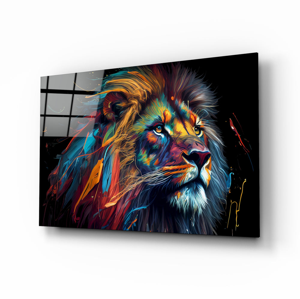 Nobility of the Lion glass wall art displayed above a leather sofa in a contemporary living room with brass sconces