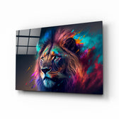 Nobility of the Lion glass wall art displayed above a velvet sofa in a contemporary living room with jewel-tone accents