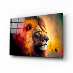 Nobility of the Lion glass wall art displayed above a leather sofa in a moody man cave with brass sconces