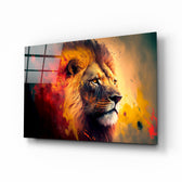 Nobility of the Lion glass wall art displayed above a leather sofa in a moody man cave with brass sconces