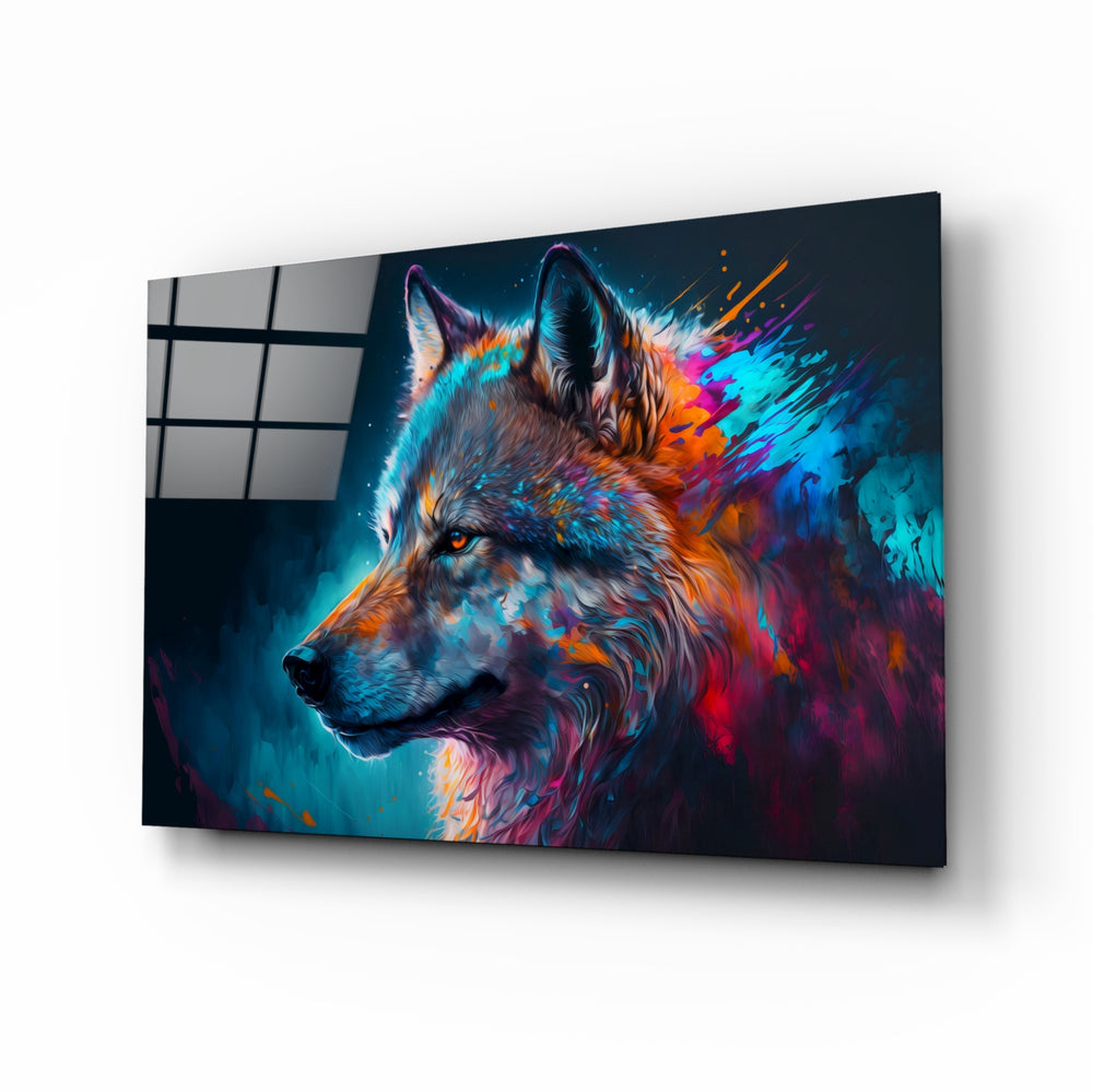 Freedom of the Wolf glass wall art displayed above a velvet sofa in a contemporary living room with brass sconces