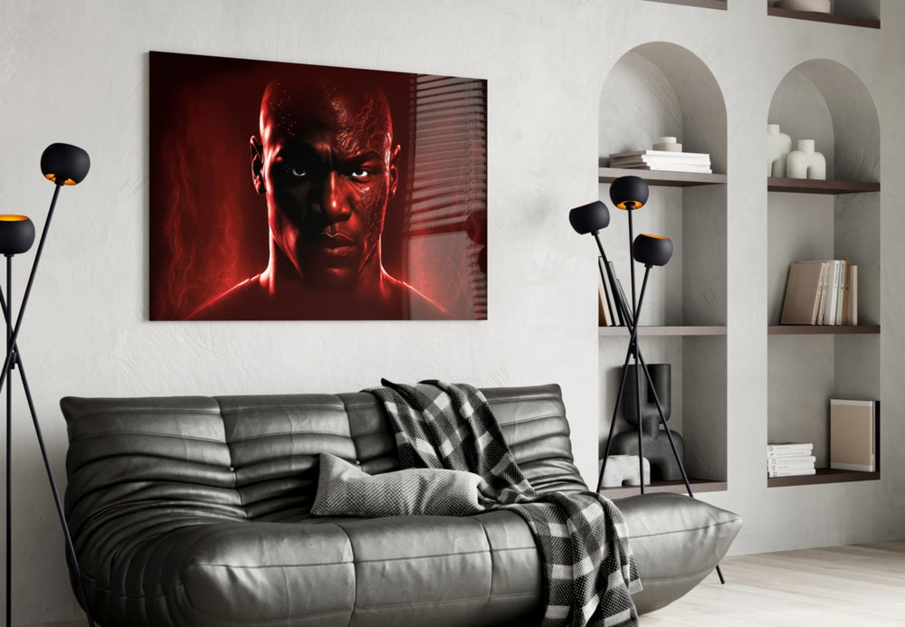 Iconic Michael Jordan glass wall art styled above a console in a games room