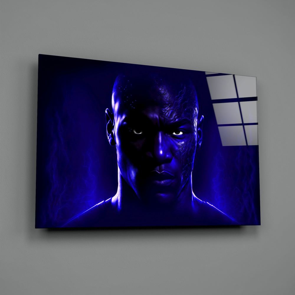 Heroic-portrait panel bringing electric stillness to a contemporary home gym