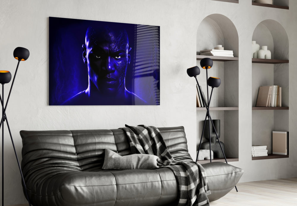 Iconic Michael Jordan glass wall art styled above a console in a games room
