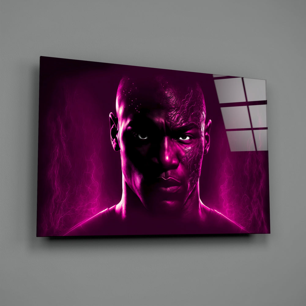 Heroic-portrait panel bringing electric pulse to a contemporary home gym