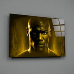 Heroic-portrait panel bringing trophy gravitas to a contemporary home gym