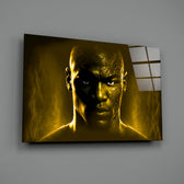 Heroic-portrait panel bringing trophy gravitas to a contemporary home gym