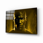 Iconic Michael Jordan glass wall art displayed above a walnut console in a moody man cave with brass sconces