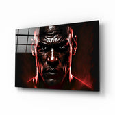 Iconic Michael Jordan glass wall art displayed above a leather sofa in a moody man cave with brass sconces