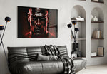 Iconic Michael Jordan glass wall art styled above a console in a games room