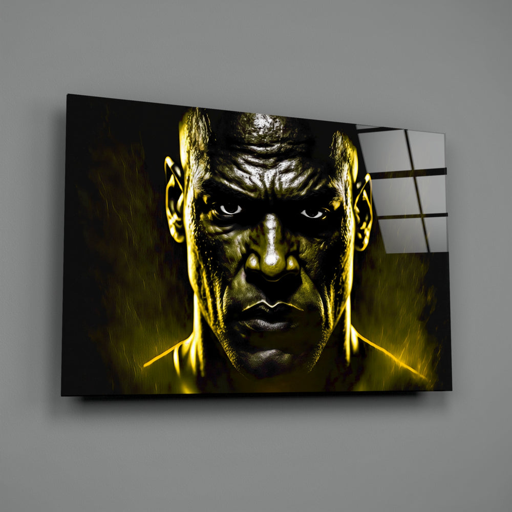 Heroic-portrait panel bringing trophy gravitas to a contemporary home gym