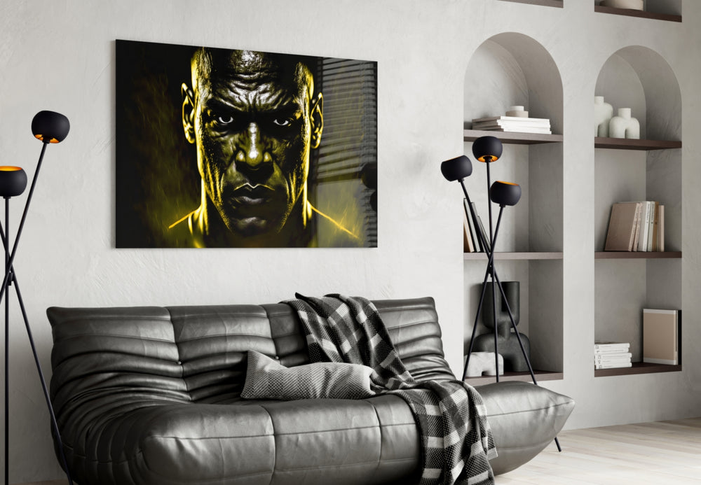Iconic Michael Jordan glass wall art styled above a console in a games room