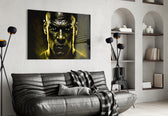 Iconic Michael Jordan glass wall art styled above a console in a games room