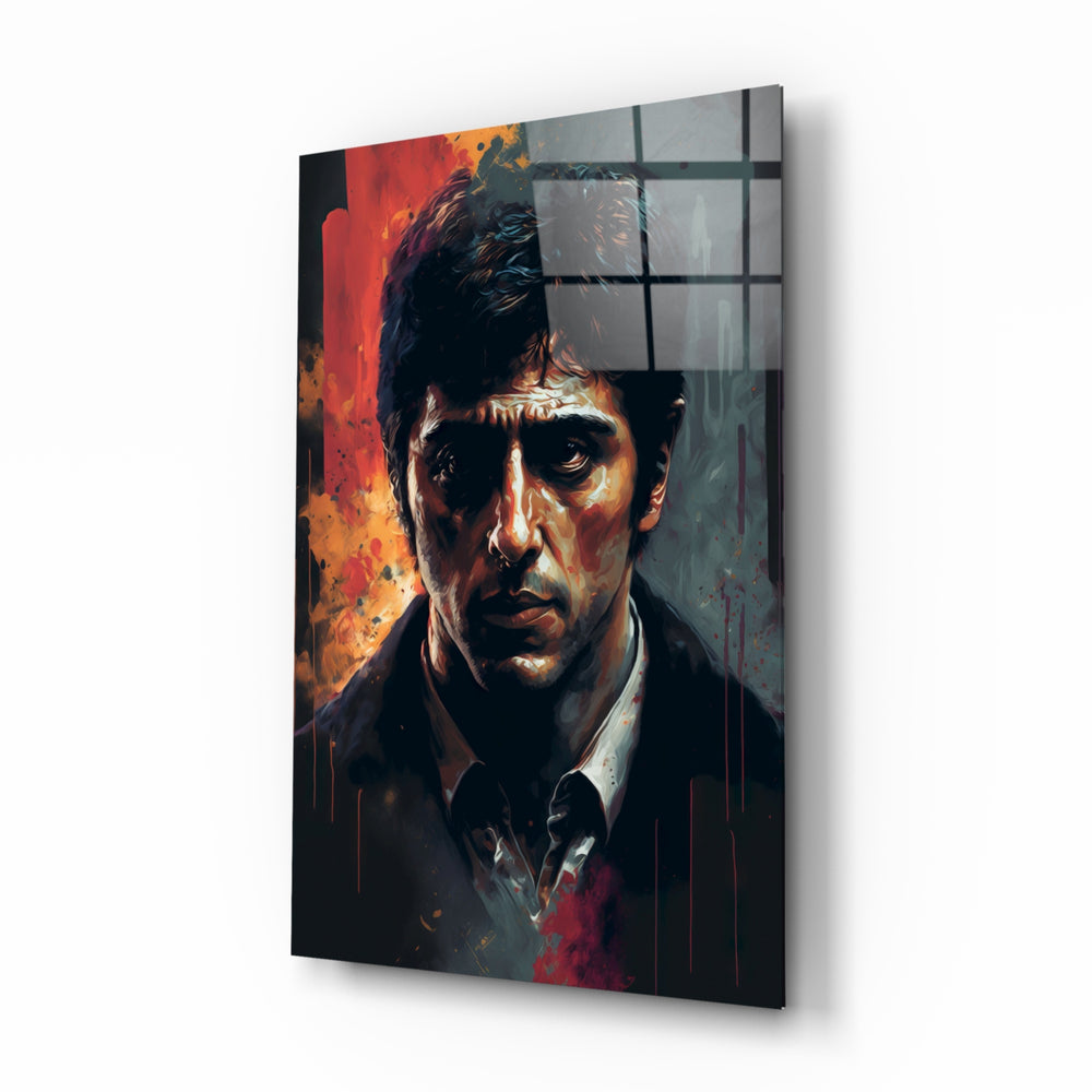 Al Pacino glass wall art displayed above a leather sofa in a moody man cave with brass sconces