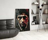 Al Pacino panel adding editorial drama to a whisky bar nook