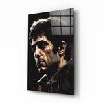 Al Pacino glass wall art displayed above a walnut desk in a moody home office with brass sconces