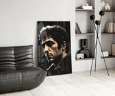 Al Pacino panel adding editorial gravity to a whisky bar nook