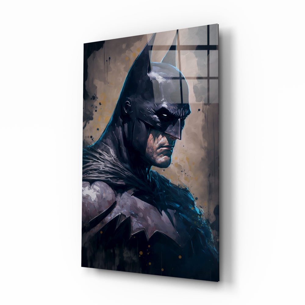 Batman glass wall art displayed above a leather sofa in a moody man cave with brass sconces