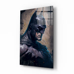 Batman glass wall art displayed above a leather sofa in a moody man cave with brass sconces