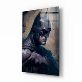 Batman glass wall art displayed above a leather sofa in a moody man cave with brass sconces
