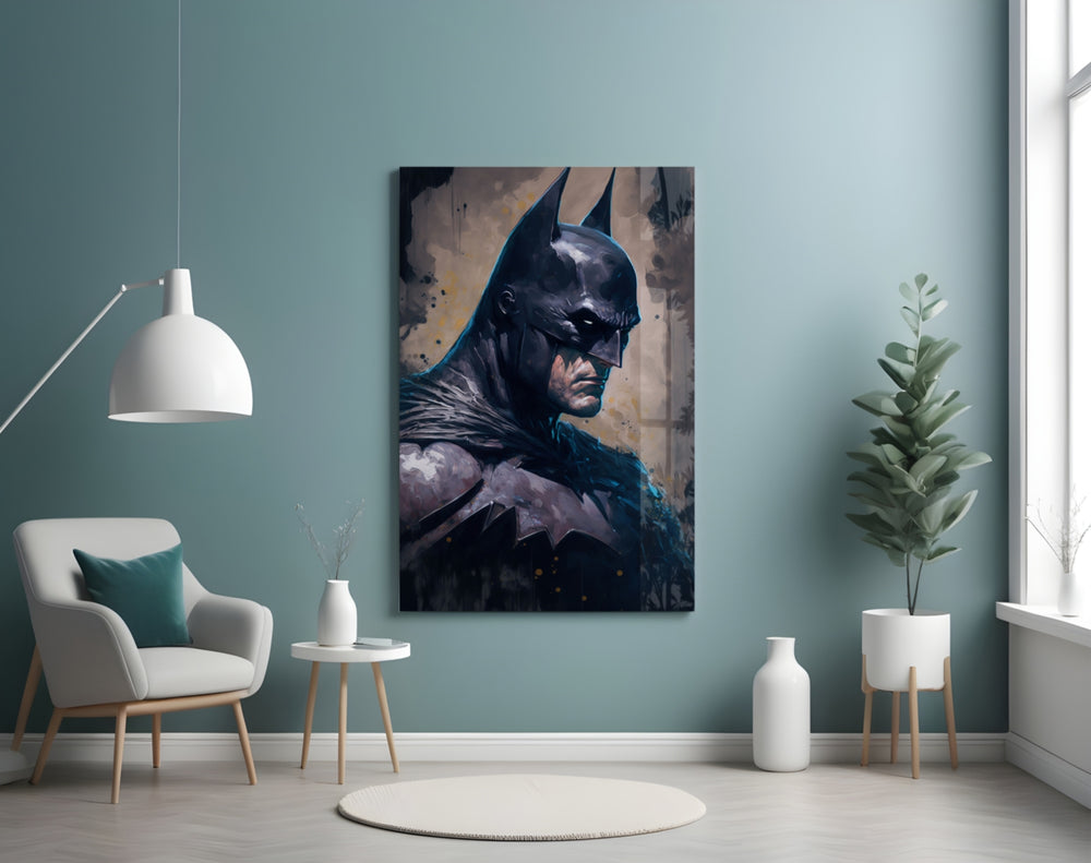 Batman glass wall art styled above a console in a kids room