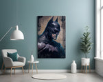 Batman glass wall art styled above a console in a kids room