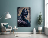 Batman glass wall art styled above a console in a kids room