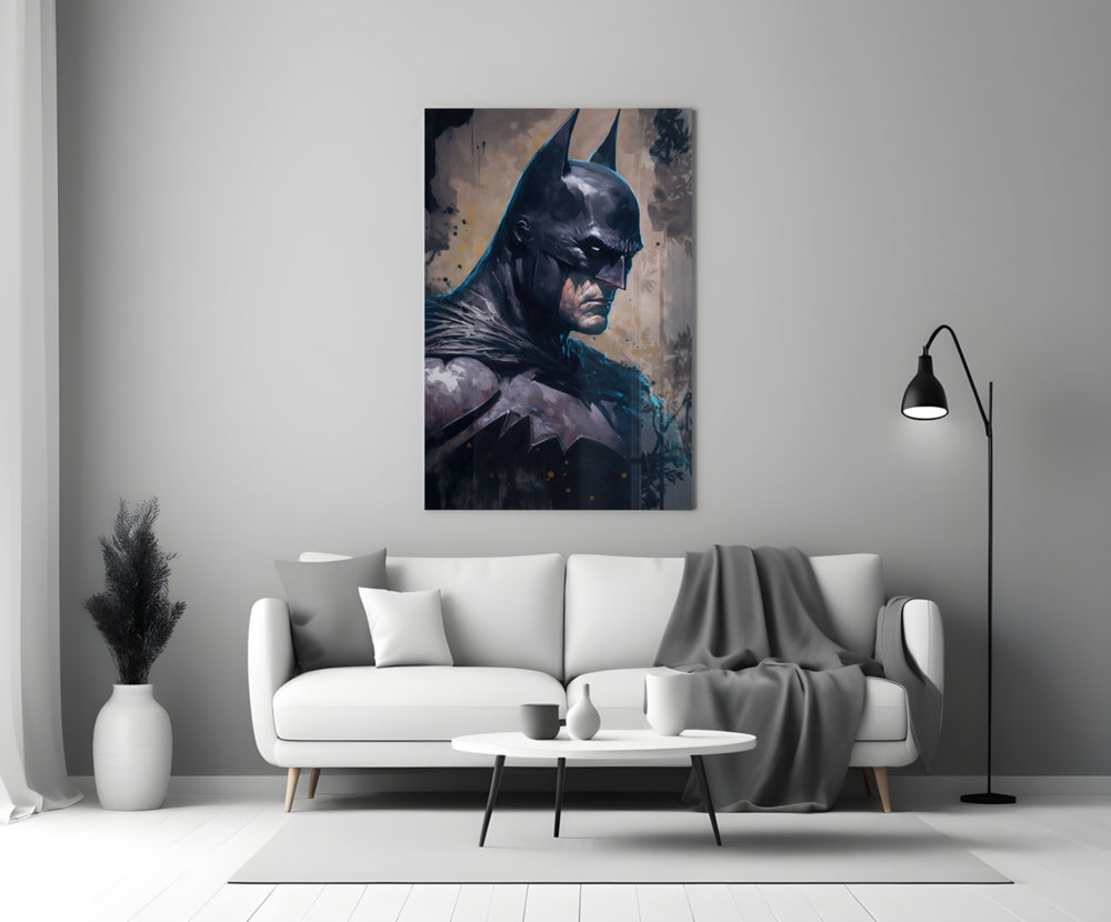 Batman close-up showing cowled 3/4 gaze against bone-and-cream haze