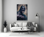 Batman close-up showing cowled 3/4 gaze against bone-and-cream haze