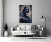 Batman close-up showing cowled 3/4 gaze against bone-and-cream haze