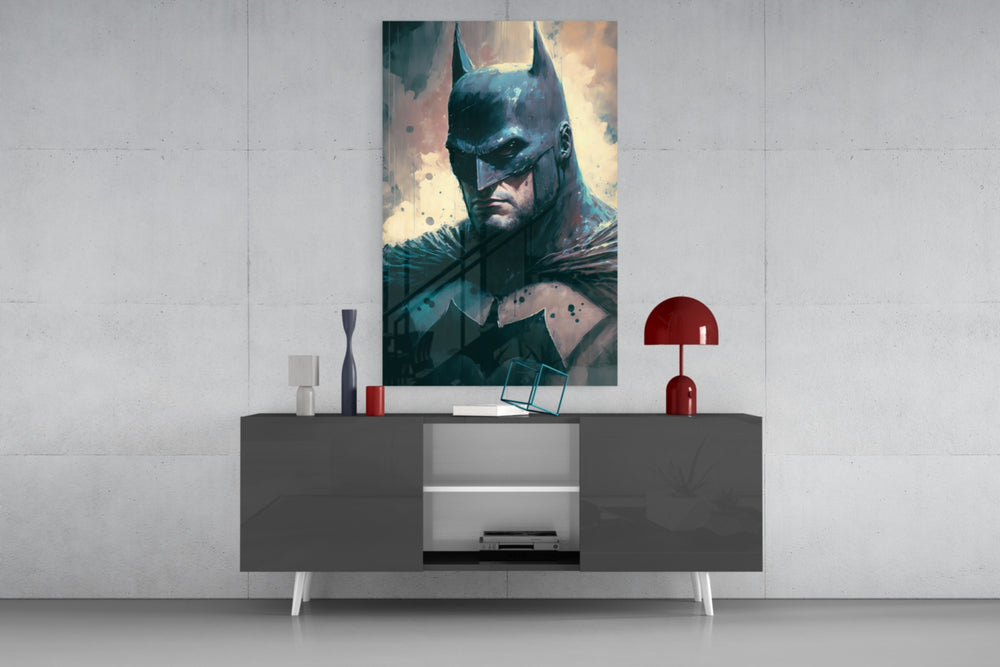 Batman panel catching lamp light to reveal its watchful gravity