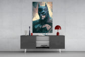 Batman panel catching lamp light to reveal its watchful gravity