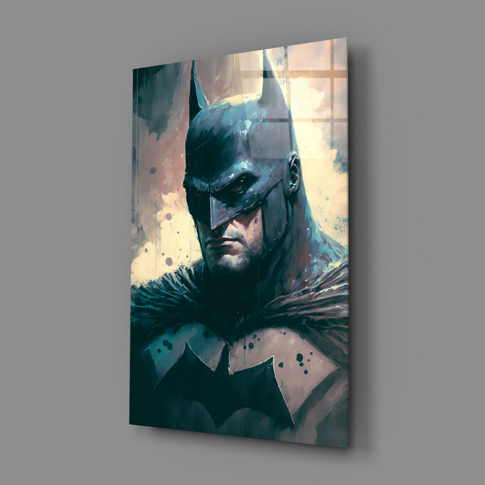 Comic-noir panel bringing watchful gravity to a contemporary home theater