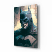 Batman glass wall art displayed above a leather sofa in a moody man cave with brass sconces