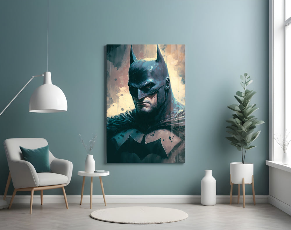 Batman glass wall art styled above a console in a kids room