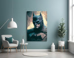 Batman glass wall art styled above a console in a kids room