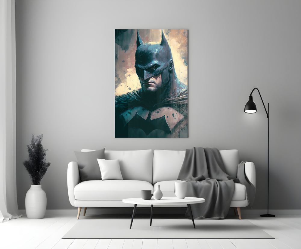 Batman close-up showing head-on stoic gaze with diffused light on the jaw