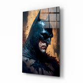 Batman glass wall art displayed above a leather sofa in a moody man cave with brass sconces