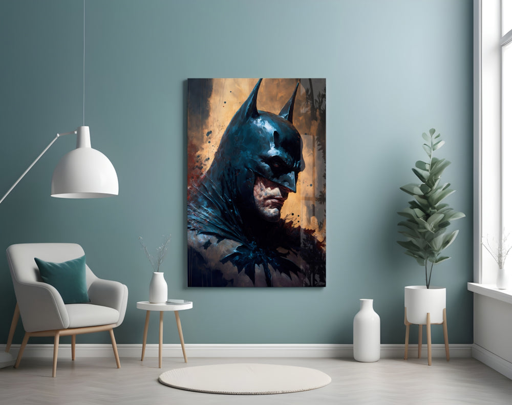 Batman glass wall art styled above a console in a kids room
