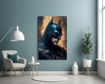 Batman glass wall art styled above a console in a kids room