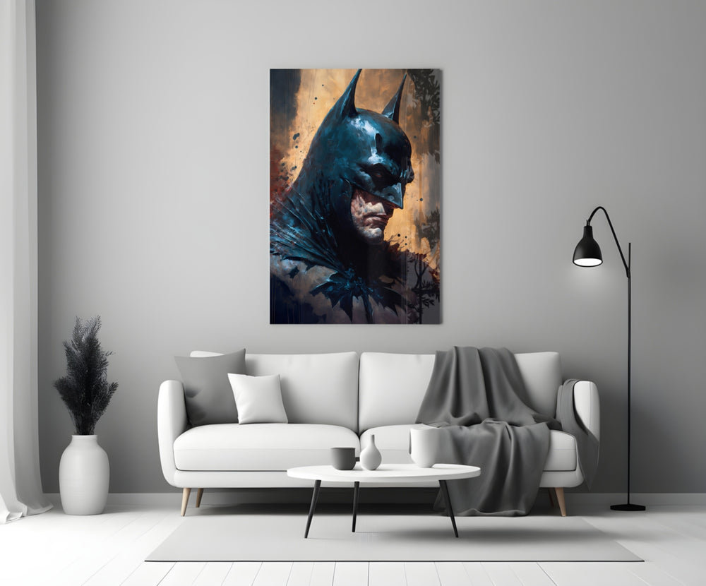 Batman close-up showing tilted cowl and iron jaw in copper-amber light