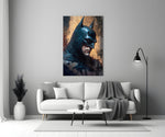 Batman close-up showing tilted cowl and iron jaw in copper-amber light