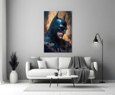 Batman close-up showing tilted cowl and iron jaw in copper-amber light